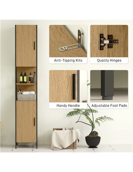 HOMCOM Tall Bathroom Cabinet with 2 Doors, Open Compartments and Adjustable Shelves - Natural Wood Finish - pic 167640 | FastDaddyshop