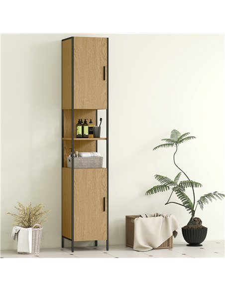 HOMCOM Tall Bathroom Cabinet with 2 Doors, Open Compartments and Adjustable Shelves - Natural Wood Finish - pic 167641 | FastDaddyshop