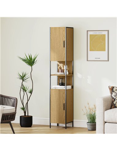HOMCOM Tall Bathroom Cabinet with 2 Doors, Open Compartments and Adjustable Shelves - Natural Wood Finish