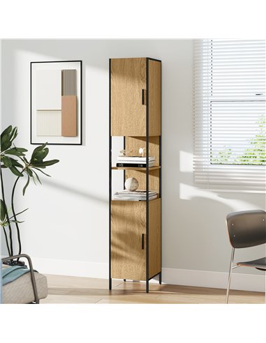 HOMCOM Tall Bathroom Cabinet with 2 Doors, Open Compartments and Adjustable Shelves - Natural Wood Finish