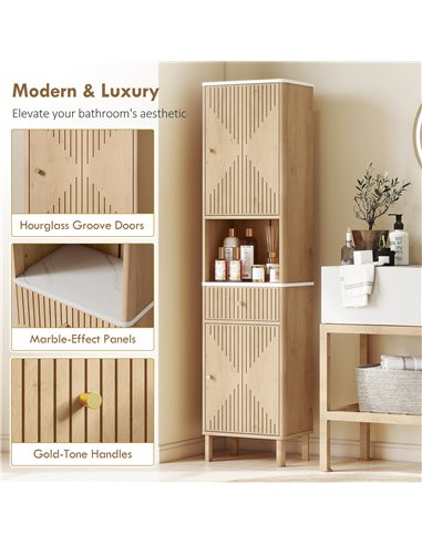 HOMCOM Slim Bathroom Cabinet with Silent Drawer Rail for Scandinavian, Japanese Styles - Wood-Effect
