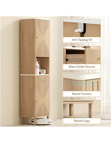 HOMCOM Slim Bathroom Cabinet with Silent Drawer Rail for Scandinavian, Japanese Styles - Wood-Effect