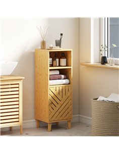 HOMCOM Slim Bathroom Cabinet with Bamboo Door and Legs, Narrow Bathroom Storage Cabinet, Freestanding Storage Cupboard with Open 2