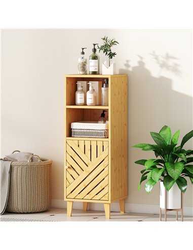 HOMCOM Slim Bathroom Cabinet with Bamboo Door and Legs, Narrow Bathroom Storage Cabinet, Freestanding Storage Cupboard with Open