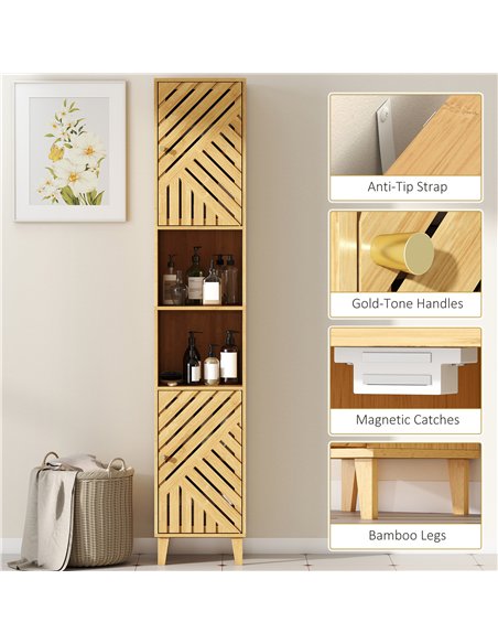 HOMCOM Multi-Storage Bamboo Door Bathroom Cabinet - Natural Finish - pic 167722 | FastDaddyshop