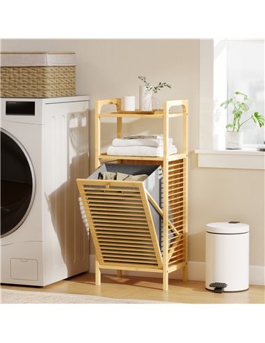 HOMCOM Bamboo Laundry Cabinet with Slatted Door, Bathroom Cabinet with Tilt-Out Hamper and Removable Liner Bag, 40 x 30D x 95 cm