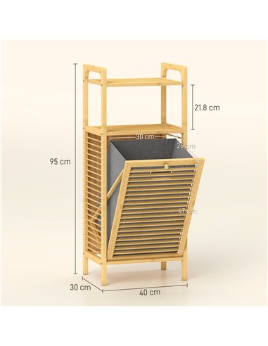 HOMCOM Bamboo Laundry Cabinet with Slatted Door, Bathroom Cabinet with Tilt-Out Hamper and Removable Liner Bag, 40 x 30D x 95 cm