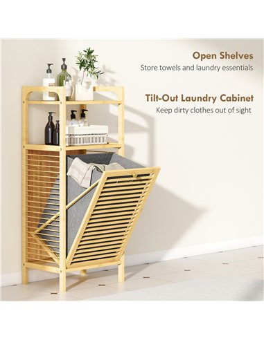 HOMCOM Bamboo Laundry Cabinet with Slatted Door, Bathroom Cabinet with Tilt-Out Hamper and Removable Liner Bag, 40 x 30D x 95 cm