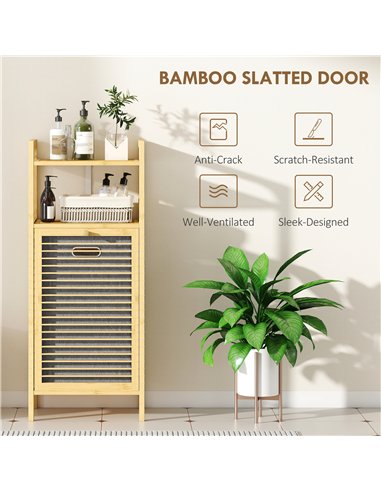 HOMCOM Bamboo Laundry Cabinet with Slatted Door, Bathroom Cabinet with Tilt-Out Hamper and Removable Liner Bag, 40 x 30D x 95 cm