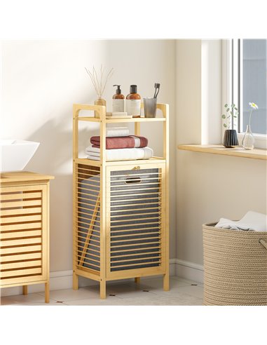 HOMCOM Bamboo Laundry Cabinet with Slatted Door, Bathroom Cabinet with Tilt-Out Hamper and Removable Liner Bag, 40 x 30D x 95 cm