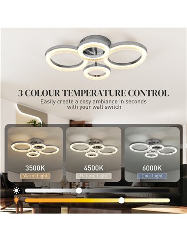 HOMCOM LED Ceiling Light, Modern 4 Rings Ceiling Lamp with Wall Switch Control, 40W 4350lm Flush Mount Ceiling Light with 3500K/