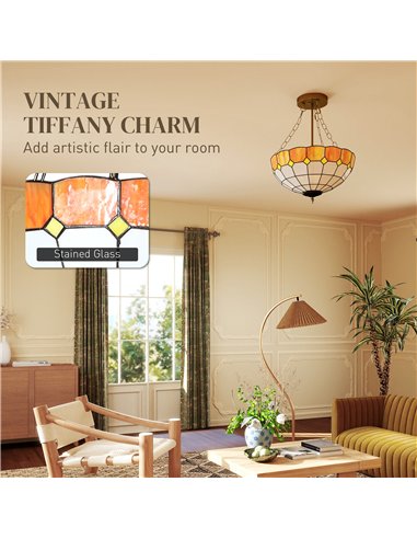 HOMCOM Tiffany Style Ceiling Light, Vintage Chandelier with 3 E27 Sockets, Semi Flush Mount for Living Room, Bulbs Not Included
