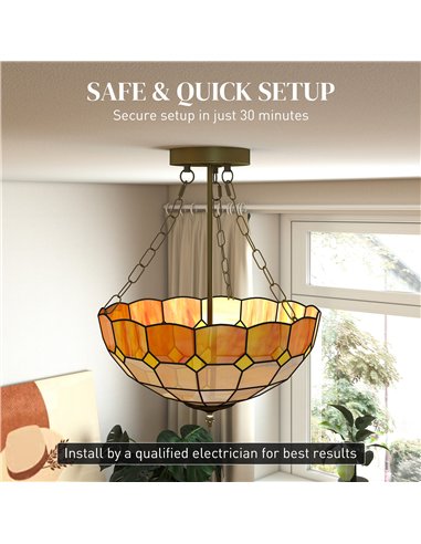 HOMCOM Tiffany Style Ceiling Light, Vintage Chandelier with 3 E27 Sockets, Semi Flush Mount for Living Room, Bulbs Not Included