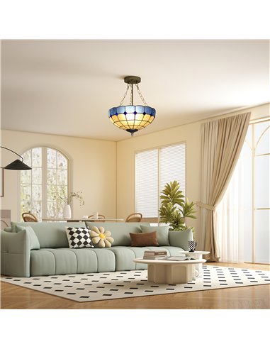 HOMCOM Tiffany Style Ceiling Light, Vintage Chandelier with 3 E27 Sockets, Semi Flush Mount for Living Room, Bulbs Not Included