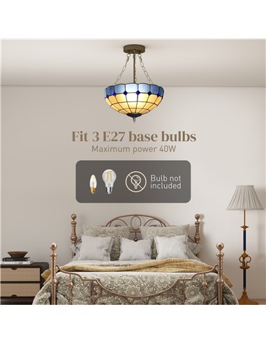 HOMCOM Tiffany Style Ceiling Light, Vintage Chandelier with 3 E27 Sockets, Semi Flush Mount for Living Room, Bulbs Not Included