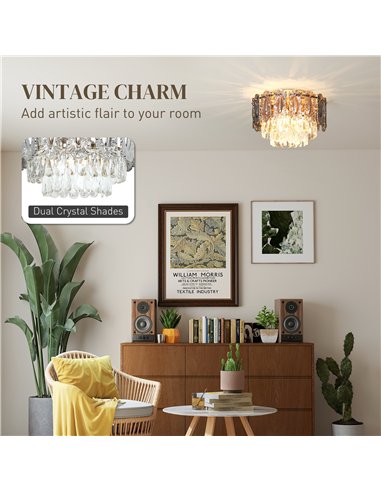 HOMCOM Chandelier Ceiling Light, 3-Light Vintage Flush Mount Fixture with Dual Crystal and Smoke Glass Shade, LED Ceiling Light 