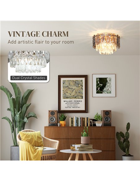 HOMCOM Chandelier Ceiling Light, 3-Light Vintage Flush Mount Fixture with Dual Crystal and Smoke Glass Shade, LED Ceiling Light  - pic 167800 | FastDaddyshop