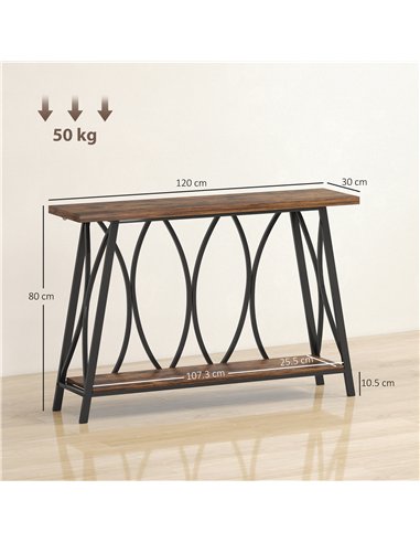 HOMCOM Narrow Console Table, Industrial 2-Tier Sofa Table with Metal Frame for Entryway, Living Room, 120x30x80cm, Rustic Brown
