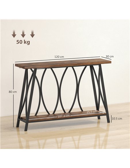 HOMCOM Narrow Console Table, Industrial 2-Tier Sofa Table with Metal Frame for Entryway, Living Room, 120x30x80cm, Rustic Brown - pic 167934 | FastDaddyshop