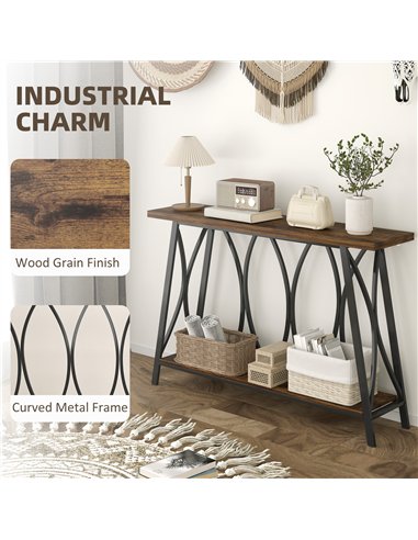 HOMCOM Narrow Console Table, Industrial 2-Tier Sofa Table with Metal Frame for Entryway, Living Room, 120x30x80cm, Rustic Brown
