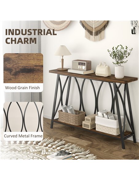 HOMCOM Narrow Console Table, Industrial 2-Tier Sofa Table with Metal Frame for Entryway, Living Room, 120x30x80cm, Rustic Brown - pic 167936 | FastDaddyshop