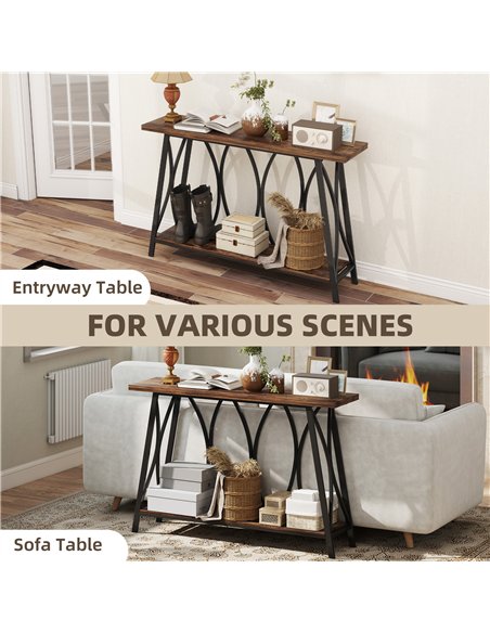 HOMCOM Narrow Console Table, Industrial 2-Tier Sofa Table with Metal Frame for Entryway, Living Room, 120x30x80cm, Rustic Brown - pic 167938 | FastDaddyshop