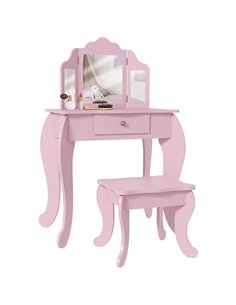 HOMCOM Kids Vanity Table and Chair Set with Tri-Folding Mirror and Stool, Makeup Dressing Table with Drawer, Pink