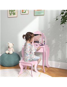 HOMCOM Kids Vanity Table and Chair Set with Tri-Folding Mirror and Stool, Makeup Dressing Table with Drawer, Pink 2