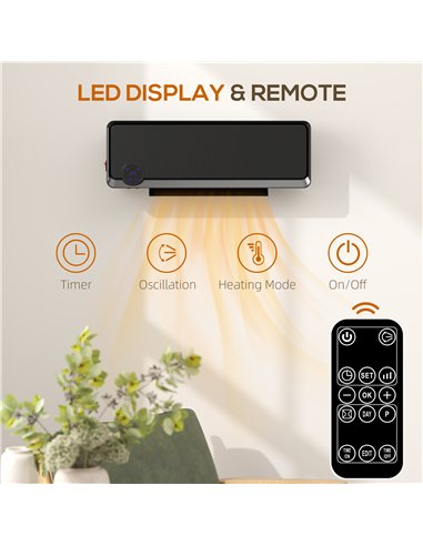 HOMCOM Wall Downflow Heater 2 Heat and Fan 1000W/2000W, Electric Space Heater with Timer Remote Oscillating, for Bedroom Home Of