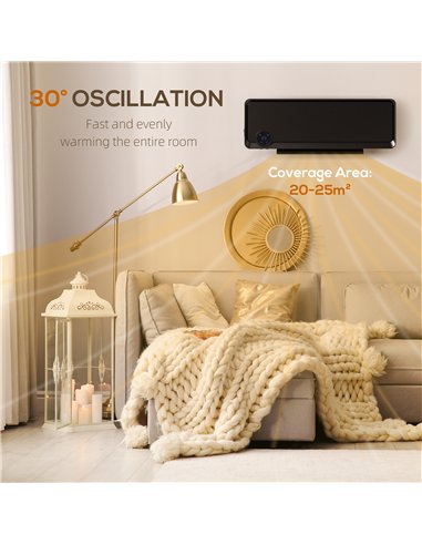 HOMCOM Wall Downflow Heater 2 Heat and Fan 1000W/2000W, Electric Space Heater with Timer Remote Oscillating, for Bedroom Home Of