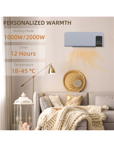 HOMCOM 2000W Wall Mounted Heater, 18-45°C Temperature, Grey