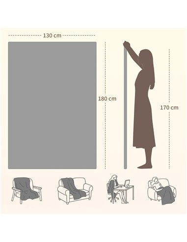 HOMCOM Heated Blanket 180 x 130cm, Electric Throw Blanket with 10 Heat Levels and 10H Timer, Machine Washable Flannel and Cotton