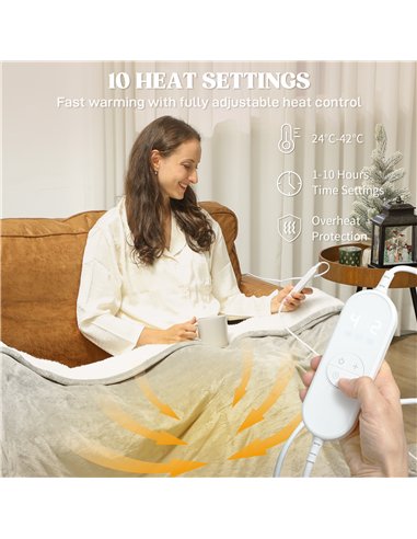 HOMCOM Heated Blanket 180 x 130cm, Electric Throw Blanket with 10 Heat Levels and 10H Timer, Machine Washable Flannel and Cotton