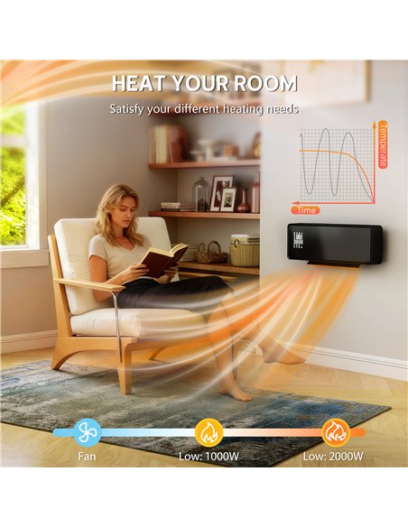 HOMCOM 2000W Ceramic Electric Heater with Fan, Adjustable Thermostat, Wall Mounted - Black - pic 168071 | FastDaddyshop