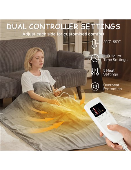 HOMCOM Electric Heated Blanket Throw 140 x 160cm with Dual Controllers, Machine Washable Heated Throw Blanket with Ultra Soft Fl - pic 168116 | FastDaddyshop