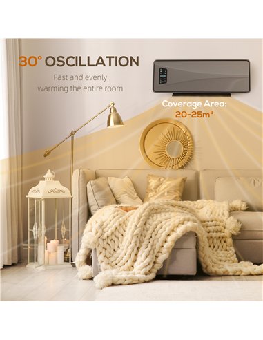 HOMCOM 2000W Ceramic Electric Heater with Fan, Adjustable Thermostat, Wall Mounted - Grey