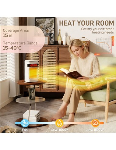 HOMCOM Ceramic Electric Heater, 1500W Fan Space Heater with 3 Modes, 24H Timer, Flame Effect, Oscillation for Bedroom, White