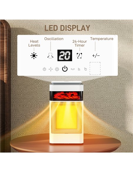 HOMCOM Ceramic Electric Heater, 1500W Fan Space Heater with 3 Modes, 24H Timer, Flame Effect, Oscillation for Bedroom, White - pic 168136 | FastDaddyshop