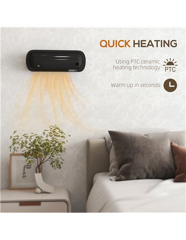 HOMCOM 2000W Ceramic Electric Heater with Fan, Adjustable Thermostat, Wall Mounted - Black