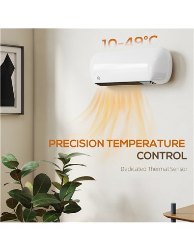 HOMCOM 2000W Ceramic Electric Heater with Fan, Adjustable Thermostat, Wall Mounted - White