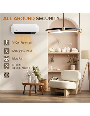 HOMCOM 2000W Ceramic Electric Heater with Fan, Adjustable Thermostat, Wall Mounted - White