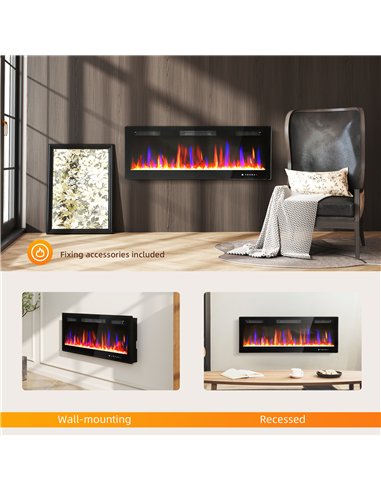 HOMCOM 50" Ultra-Slim Electric Fireplace, Wall Mounted and Recessed, 900W/1800W