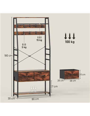 HOMCOM 6-in-1 Industrial-Style Hallway Organiser - Brown/Black