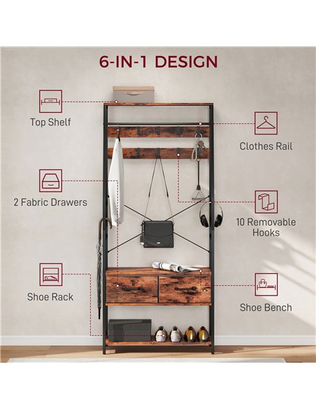 HOMCOM 6-in-1 Industrial-Style Hallway Organiser - Brown/Black - pic 168367 | FastDaddyshop