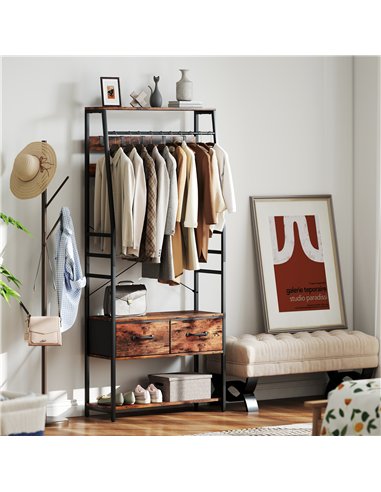 HOMCOM 6-in-1 Industrial-Style Hallway Organiser - Brown/Black
