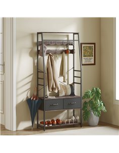 HOMCOM Coat Rack with Shoe Storage, Hall Tree, Industrial Coat Stand with Shoe Bench, 10 Removable Hooks, 2 Fabric Drawers and C 2