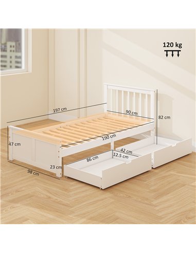 HOMCOM Wooden Single Bed Frame, with Drawers - White