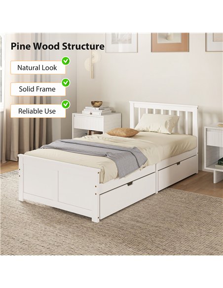 HOMCOM Wooden Single Bed Frame, with Drawers - White - pic 168385 | FastDaddyshop