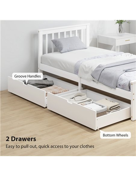 HOMCOM Wooden Single Bed Frame, with Drawers - White - pic 168387 | FastDaddyshop