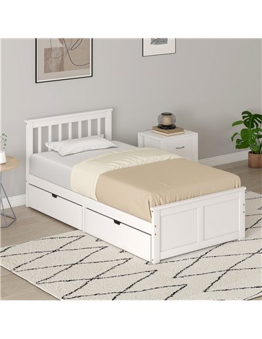 HOMCOM Wooden Single Bed Frame, with Drawers - White